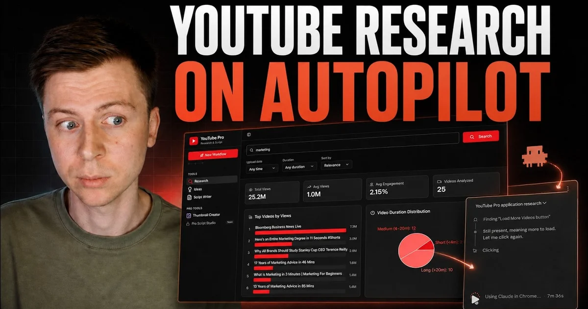 YouTube Research on Autopilot thumbnail: Daniel next to the YouTube Research Pro dashboard with Claude in Chrome running the research