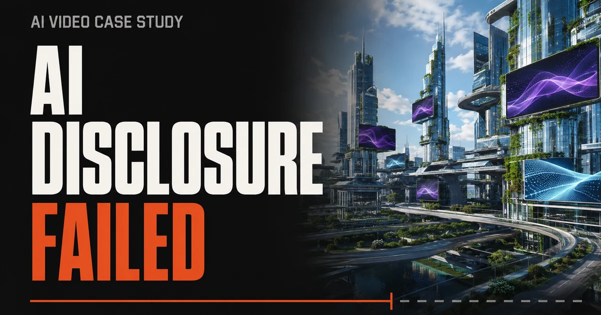 Generated case study cover reading AI Disclosure Failed beside a futuristic city, referring to the shot-level status gap examined in the article