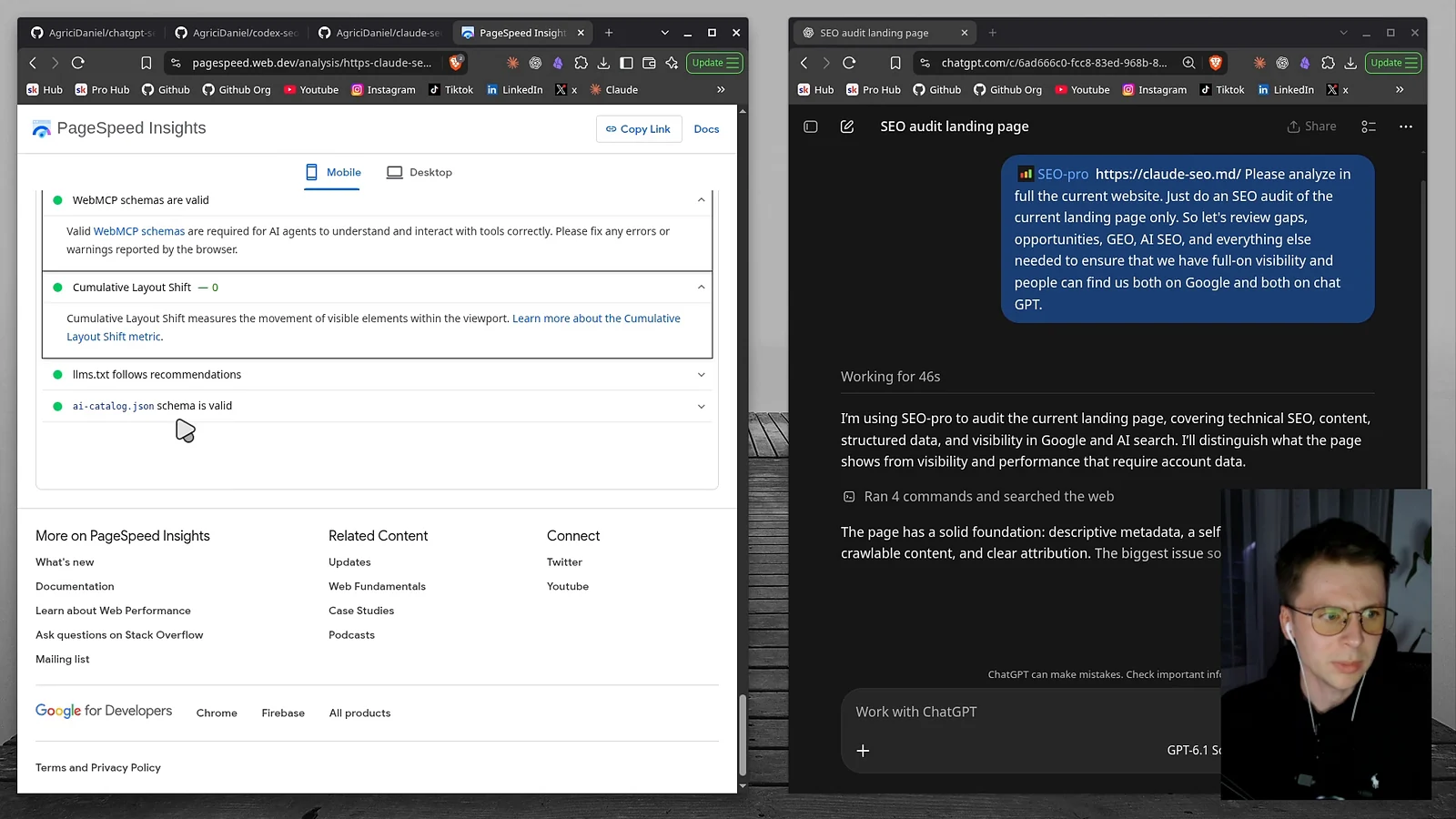 Left, PageSpeed Insights for claude-seo.md with WebMCP schemas, Cumulative Layout Shift, llms.txt and ai-catalog.json checks passing. Right, ChatGPT running the SEO-pro audit prompt and working for 46 seconds