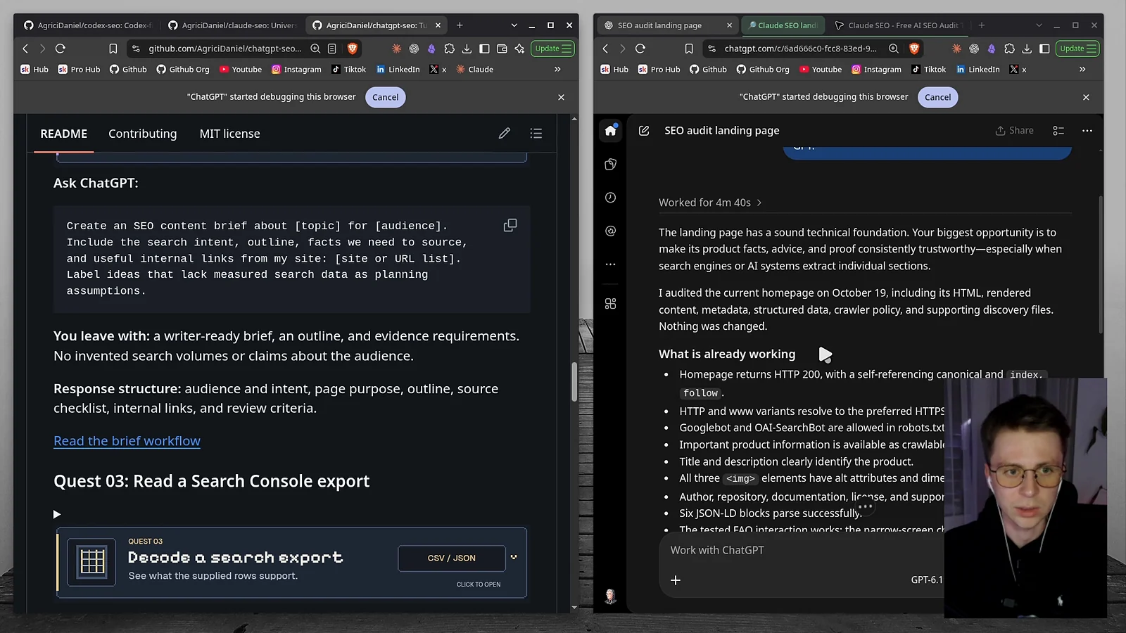 ChatGPT's SEO-pro answer after working for 4 minutes 40 seconds: the landing page has a sound technical foundation, the biggest opportunity is consistent product facts, and a list of what is already working