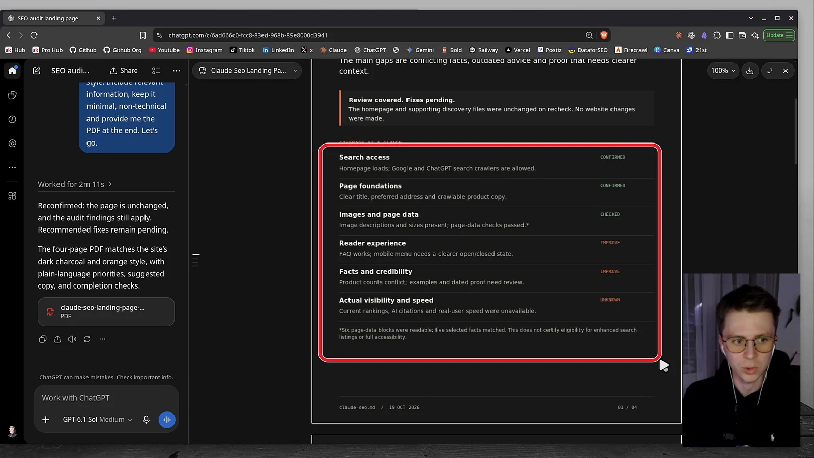 The four-page PDF report for claude-seo.md open in ChatGPT, with the coverage table: search access and page foundations confirmed, images and page data checked, reader experience and facts and credibility to improve, actual visibility and speed unknown