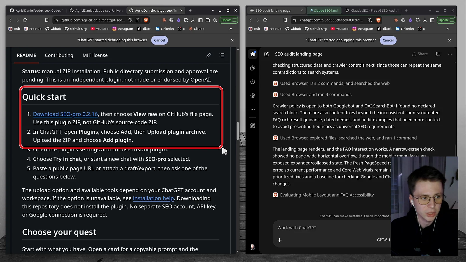 The Quick start section of the chatgpt-seo README with the steps to download SEO-pro 0.2.16, open Plugins in ChatGPT, choose Add and Upload plugin archive