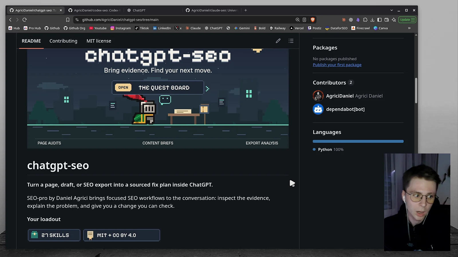 The chatgpt-seo repository on GitHub with the headline Bring evidence. Find your next move, a quest board illustration, and the loadout showing 27 skills and MIT + CC BY 4.0