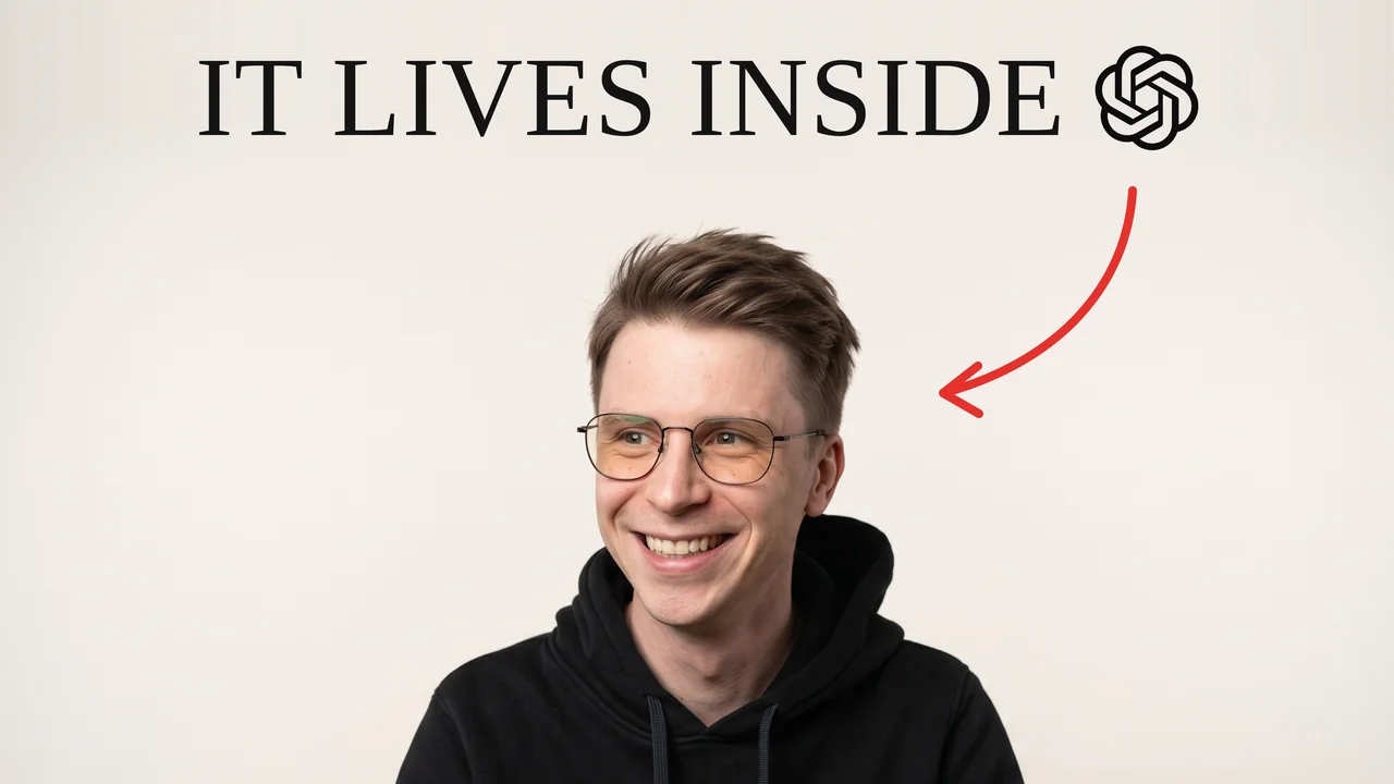 Video poster: Daniel smiling below the words IT LIVES INSIDE and the ChatGPT logo, with a red arrow pointing at him