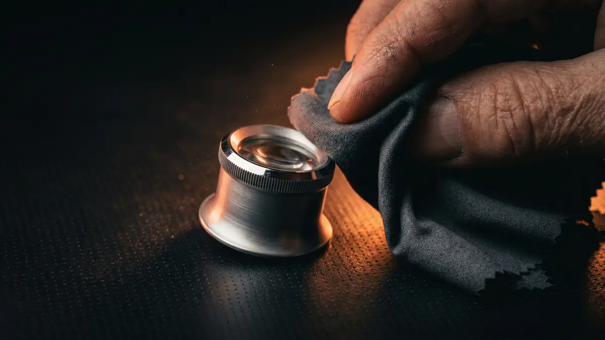 Close-up of a hand polishing a brushed-aluminum watchmaker's loupe under warm coral light, representing the v1.7.1 polish-not-features release ethos