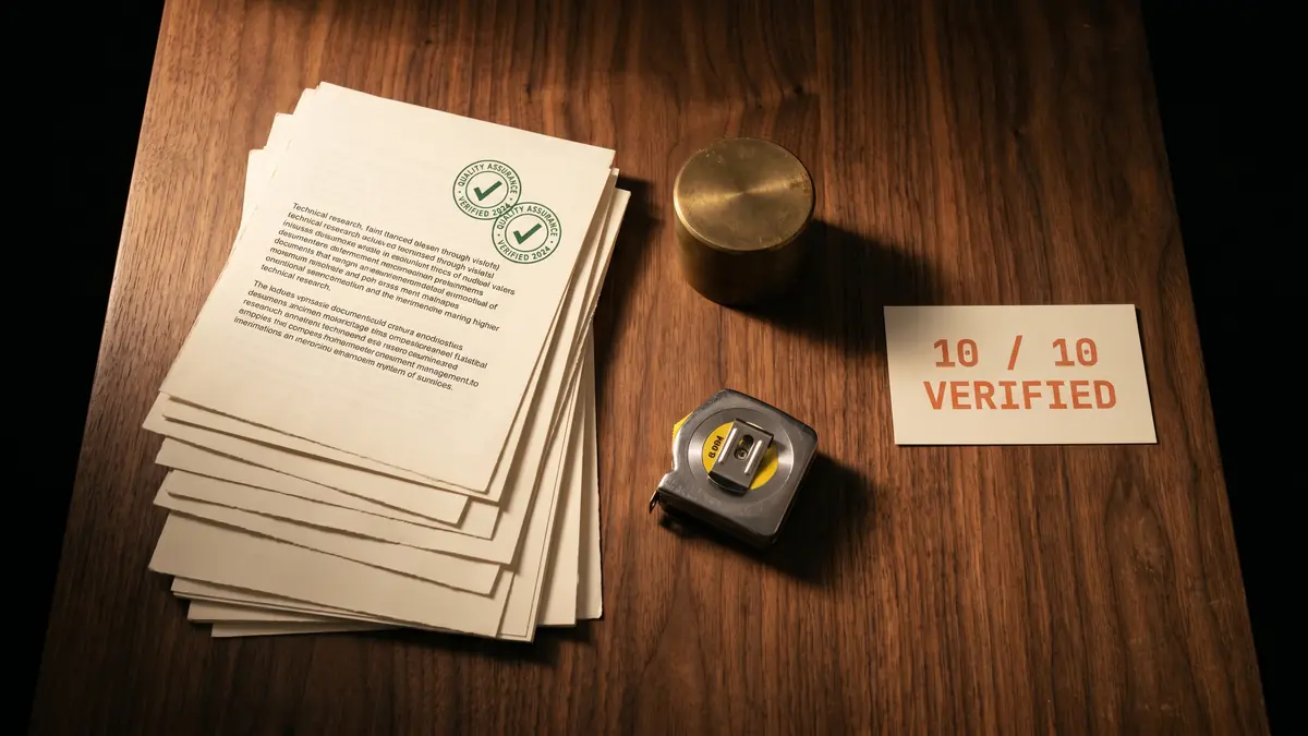 Overhead flat-lay of stacked reference whitepapers with green verified checkmark seals, brass paperweight, measuring tape, and a coral 10 / 10 VERIFIED index card on dark walnut wood