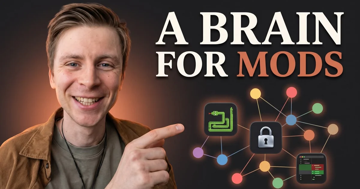 Agrici Daniel pointing at the words A BRAIN FOR MODS, beside a snake game, a padlock and a diff window linked like notes in a graph