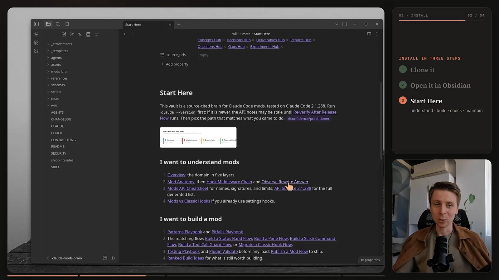 The Start Here note in Obsidian, with the paths I want to understand mods and I want to build a mod, each listing linked notes