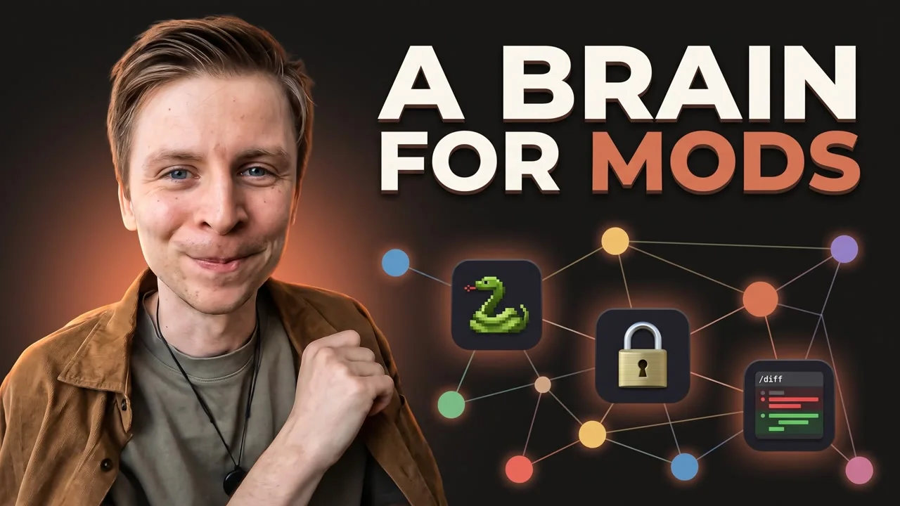 Video poster: Daniel beside the words A BRAIN FOR MODS, with a snake game, a padlock and a diff window linked like notes