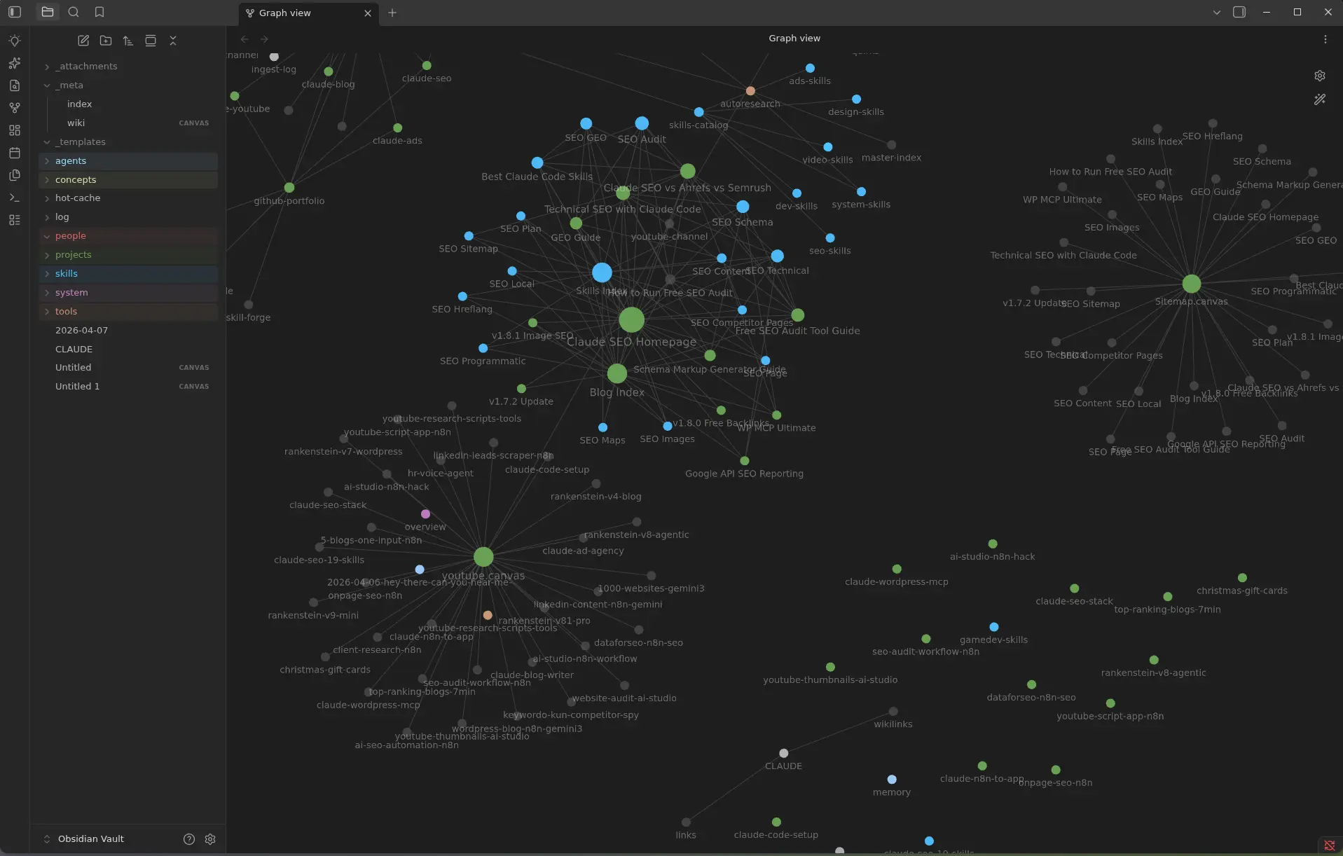 Obsidian graph view showing claude-obsidian wiki with color-coded entities, concepts, and sources interconnected via wikilinks