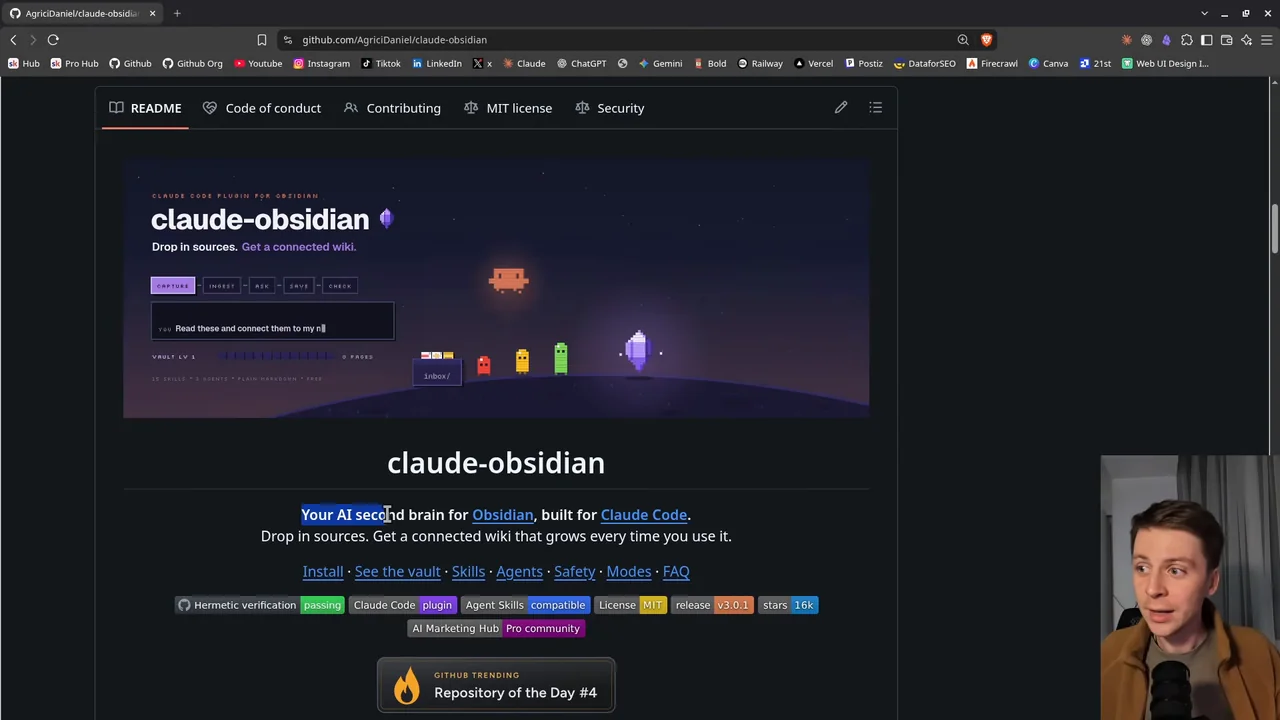 Video poster: the claude-obsidian README on GitHub with its animated pixel hero, and Agrici Daniel on camera
