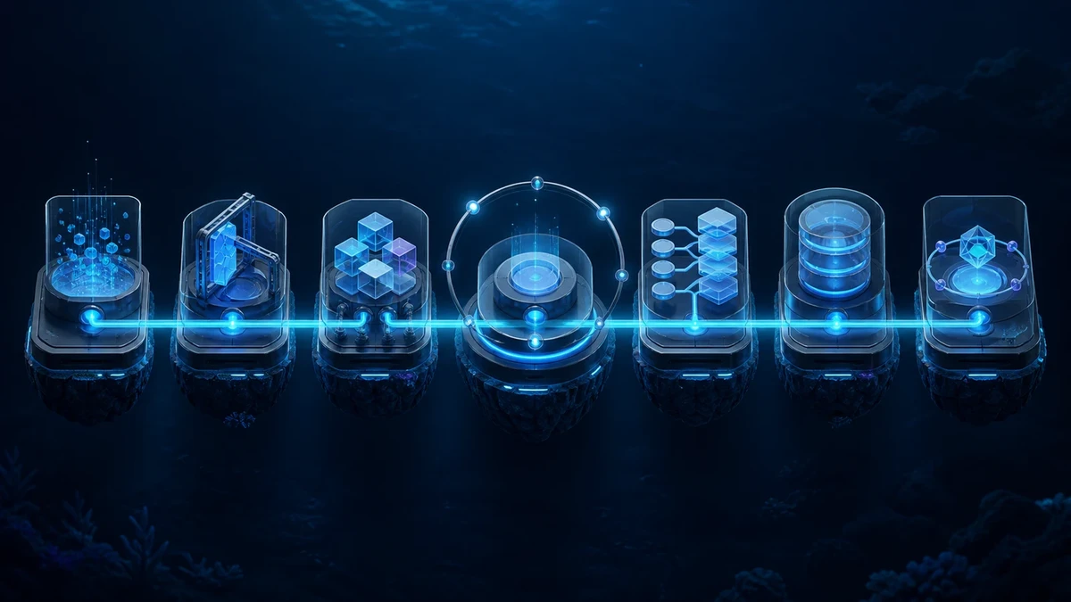 Seven glowing modular capsules connected by a single data line, representing DeepSeek Harness's separable session, tool, permission, and provider capabilities