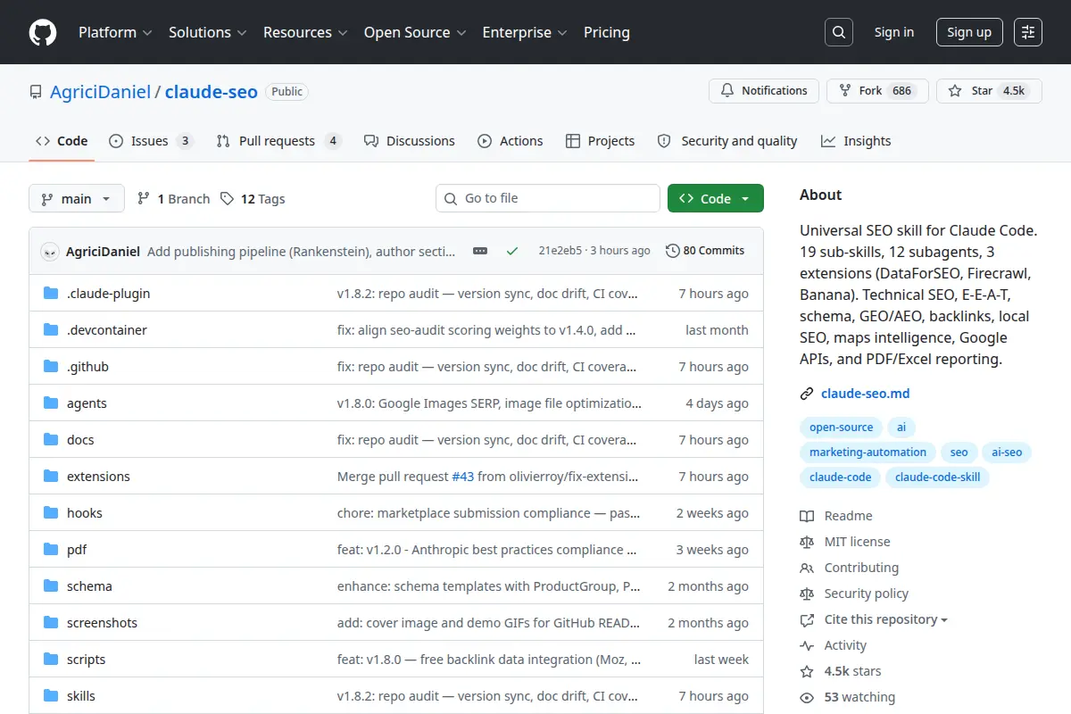 claude-seo GitHub repository page showing star count, fork count, issues, code structure, and README preview
