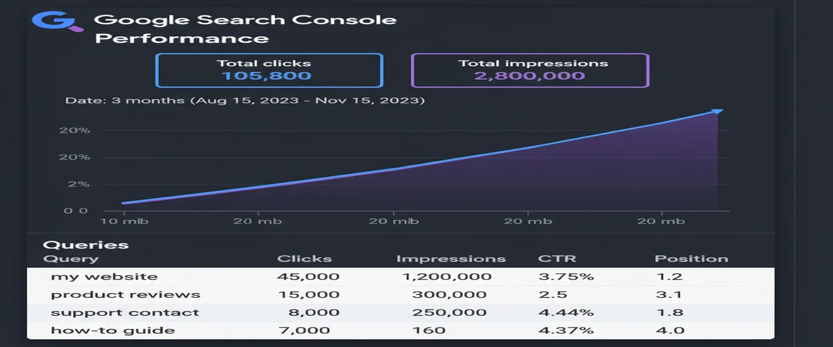 Google Search Console Performance dashboard showing clicks, impressions, CTR, and average position trends with top queries table
