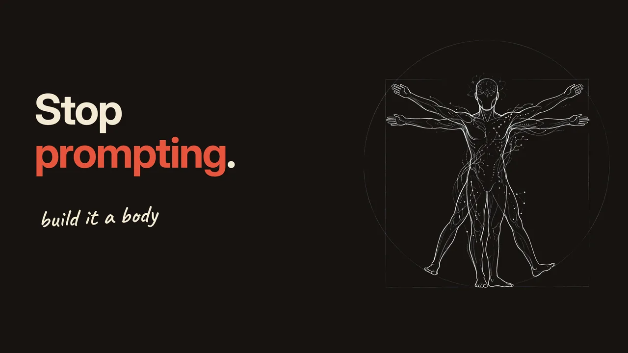 Video poster: the words Stop prompting beside a Vitruvian figure drawn in light ink on black