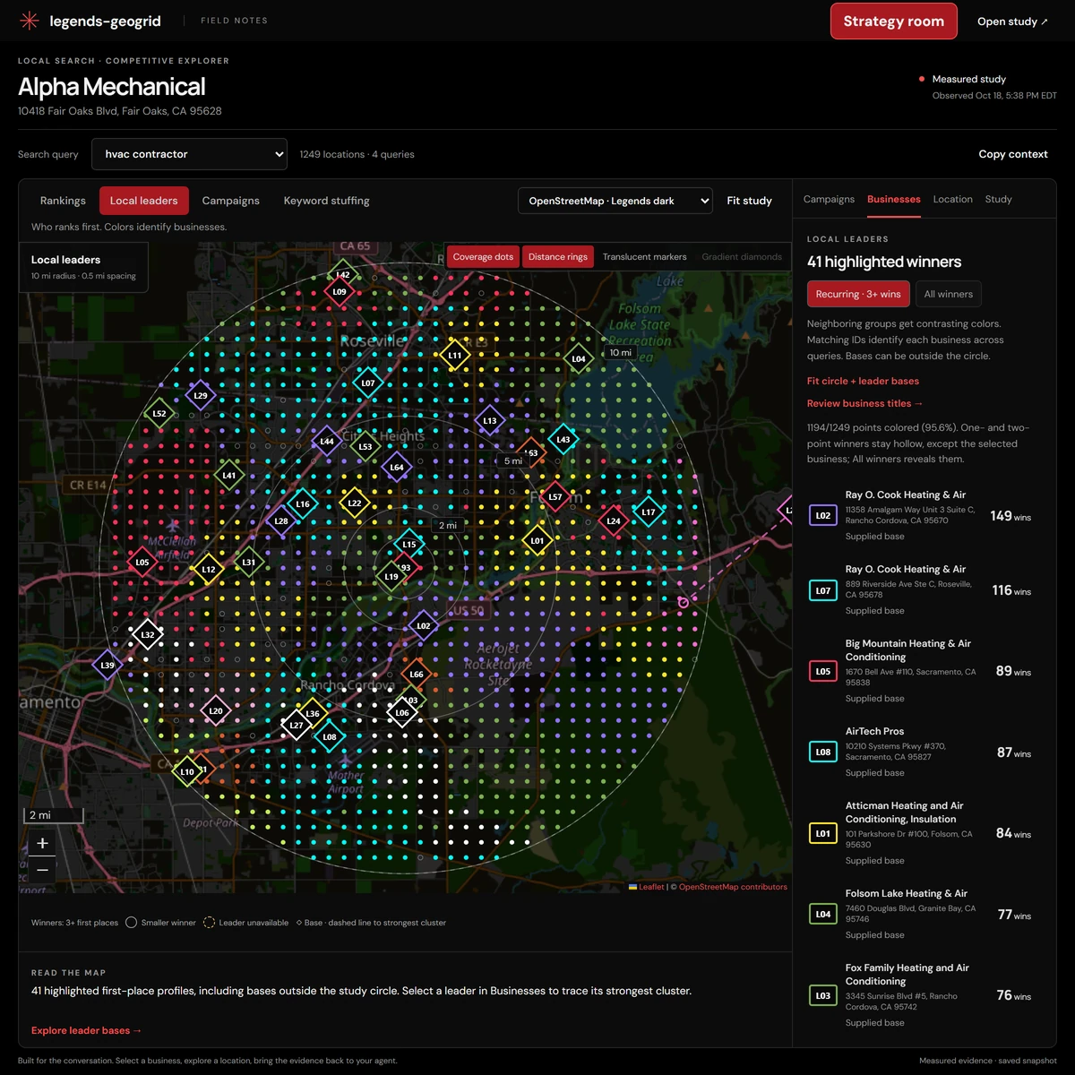 Legends GeoGrid Local leaders map with colored first-place winners, business-base diamonds, and a panel listing 41 highlighted profiles.