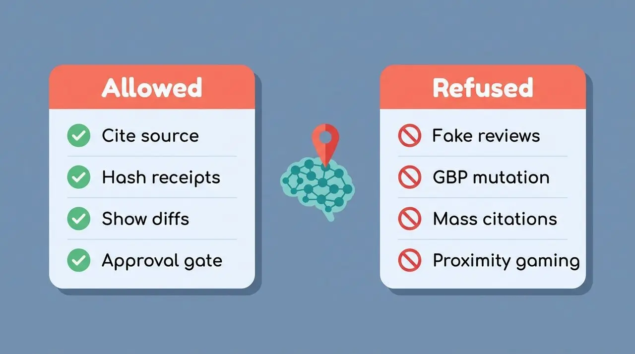 Two-column comparison card. Left column labeled 'Allowed' lists source-cited audits, GBP service additions with rollback, Person schema, real review collection, location pages for served suburbs. Right column labeled 'Refused' lists fake reviews, proximity gaming, mass low-quality citation submission, GBP category gaming, and 'rank #1 guaranteed' language