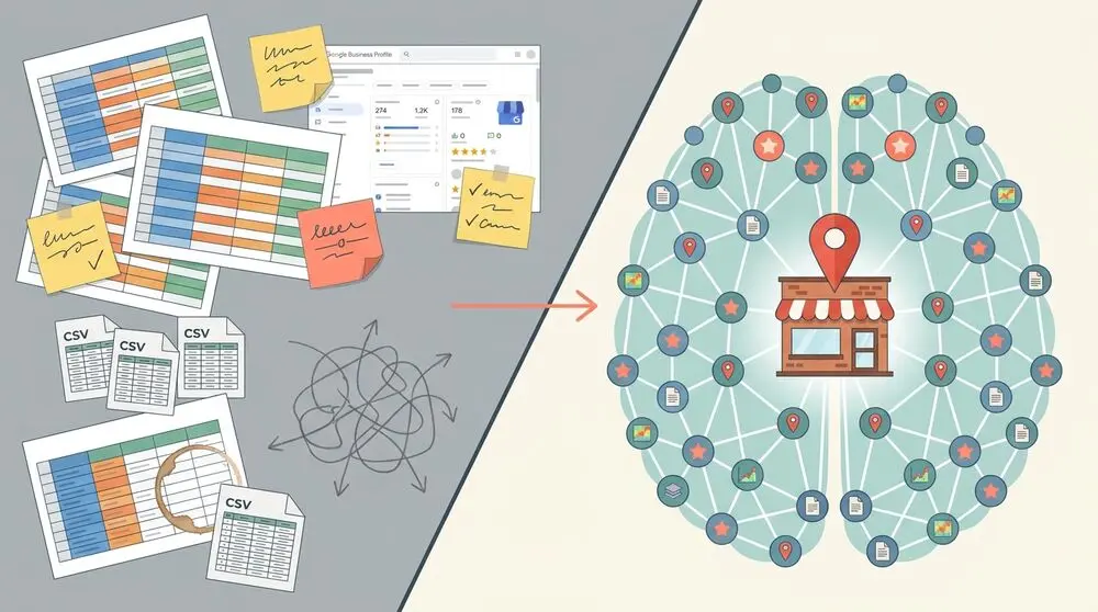 Before/after visualization: on the left, scattered CSV files, screenshots, sticky notes, and a tangled mess representing fragmented local SEO data; on the right, the same data unified into one Obsidian vault with a clean knowledge graph and a single source-cited audit output