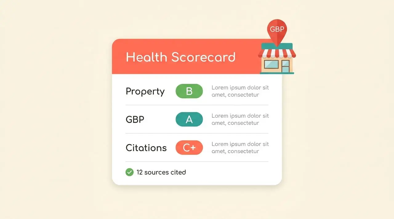 Health Scorecard preview card showing three phase grades (Property B, GBP A, Citations C+) with a '12 sources cited' green footer and a small storefront topped by a red GBP map pin
