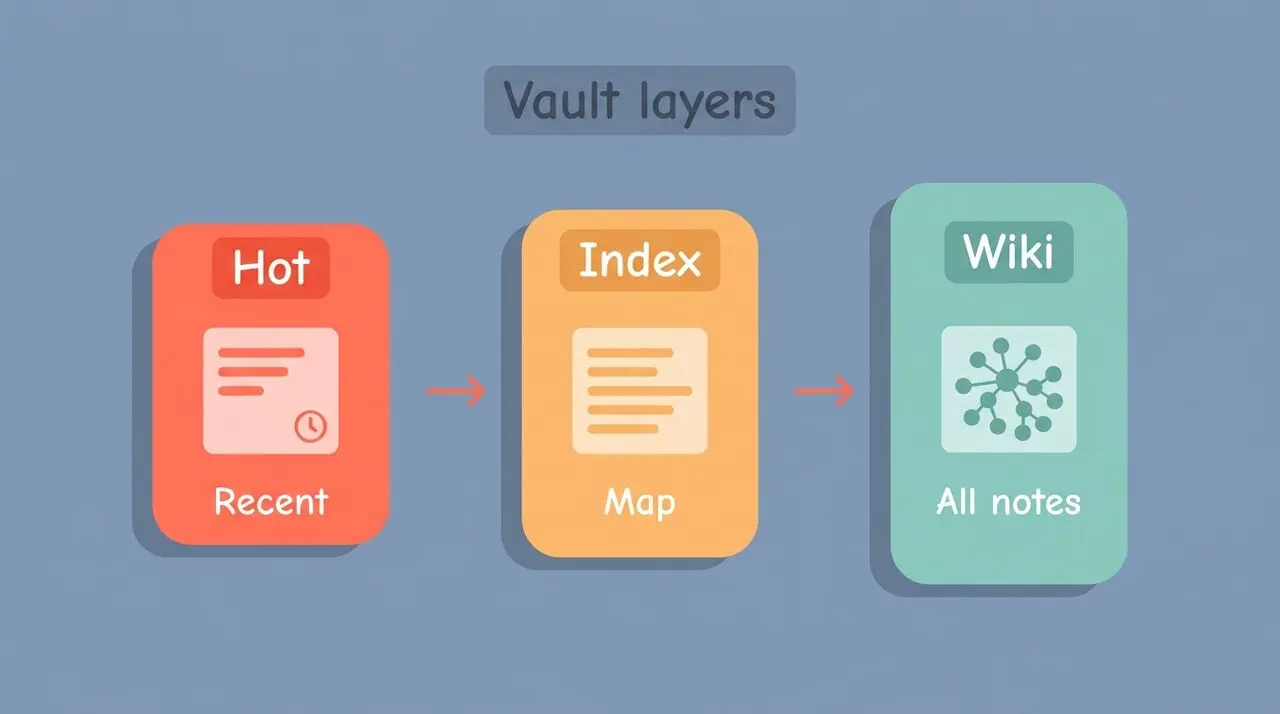 Three stacked layers labeled Hot, Index, and Wiki. The top Hot layer is a small bright orange rectangle representing short-term working memory. The middle Index layer is a medium cream rectangle representing the table of contents and navigation map. The bottom Wiki layer is a large dim warm rectangle with an internal grid suggesting many pages, representing long-term knowledge