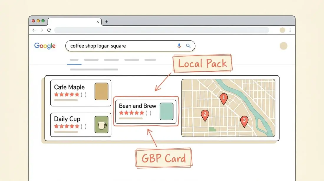 Annotated desktop browser mockup showing a Google search for 'coffee shop logan square' with the Local Pack of three businesses (Cafe Maple, Bean and Brew, Daily Cup) and a map with three pins; sticky-note annotations point to the Local Pack region and a single GBP card inside it