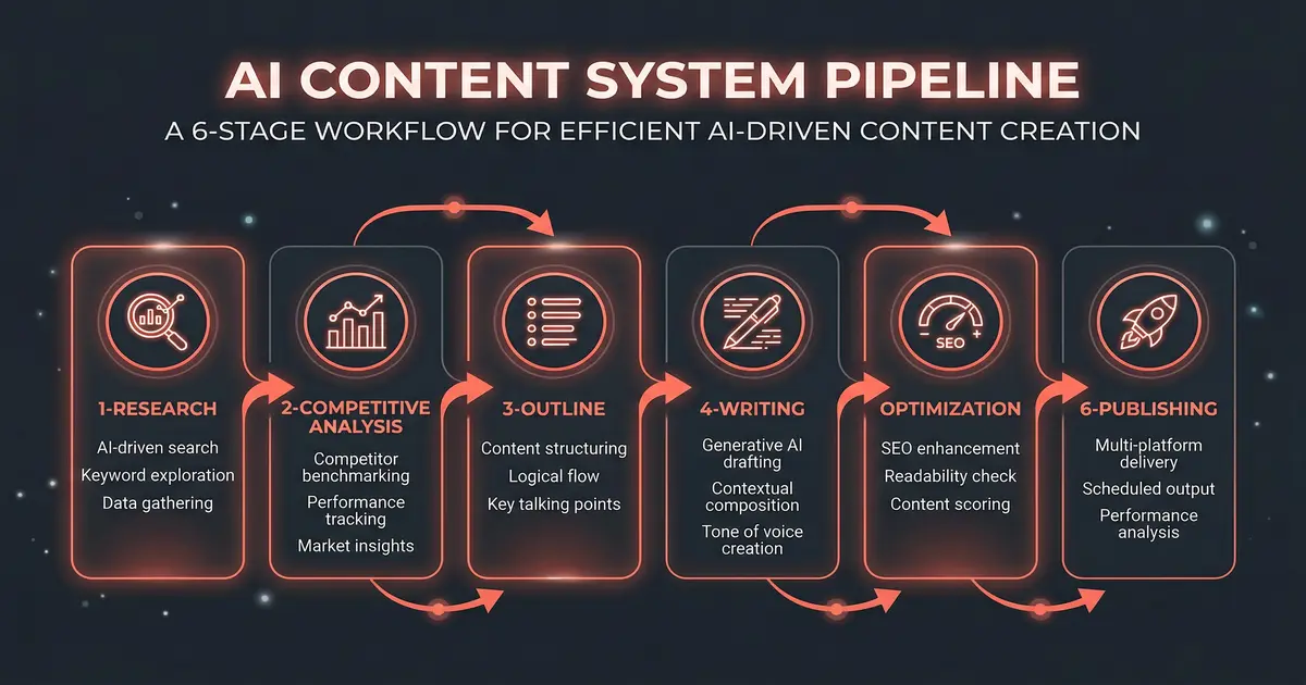 Rankenstein 6-stage content pipeline - Research, Competitive Analysis, Outline, Writing, Optimization, Publishing