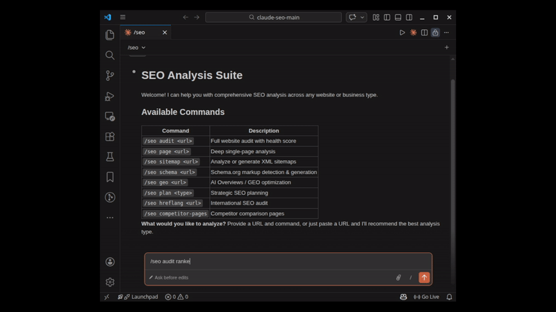 claude-seo running a full SEO audit in the terminal with parallel subagents and live scoring