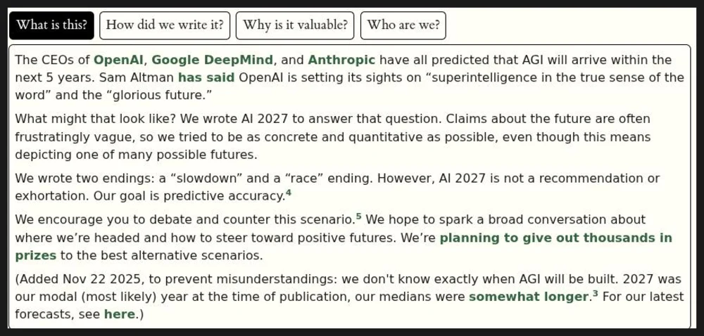 Screenshot of the AI 2027 front page showing the two endings statement and the clarification added on 22 November 2025