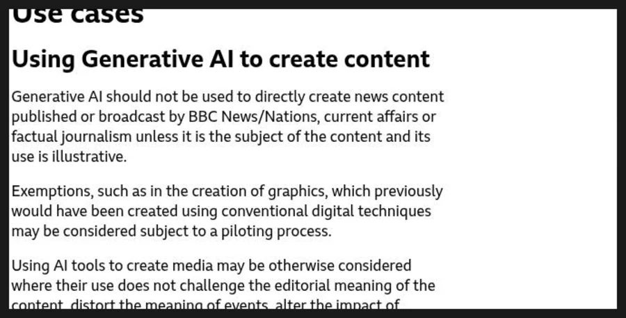 Screenshot of the BBC Editorial Guidelines page showing the subject-and-illustration exception and the adjacent conditions on AI media