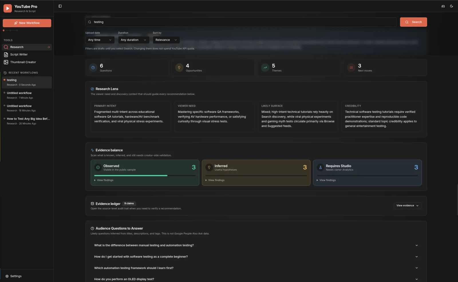YouTube Pro AI Insights with evidence balance, audience questions, opportunity themes, recommended moves, and an expandable evidence ledger