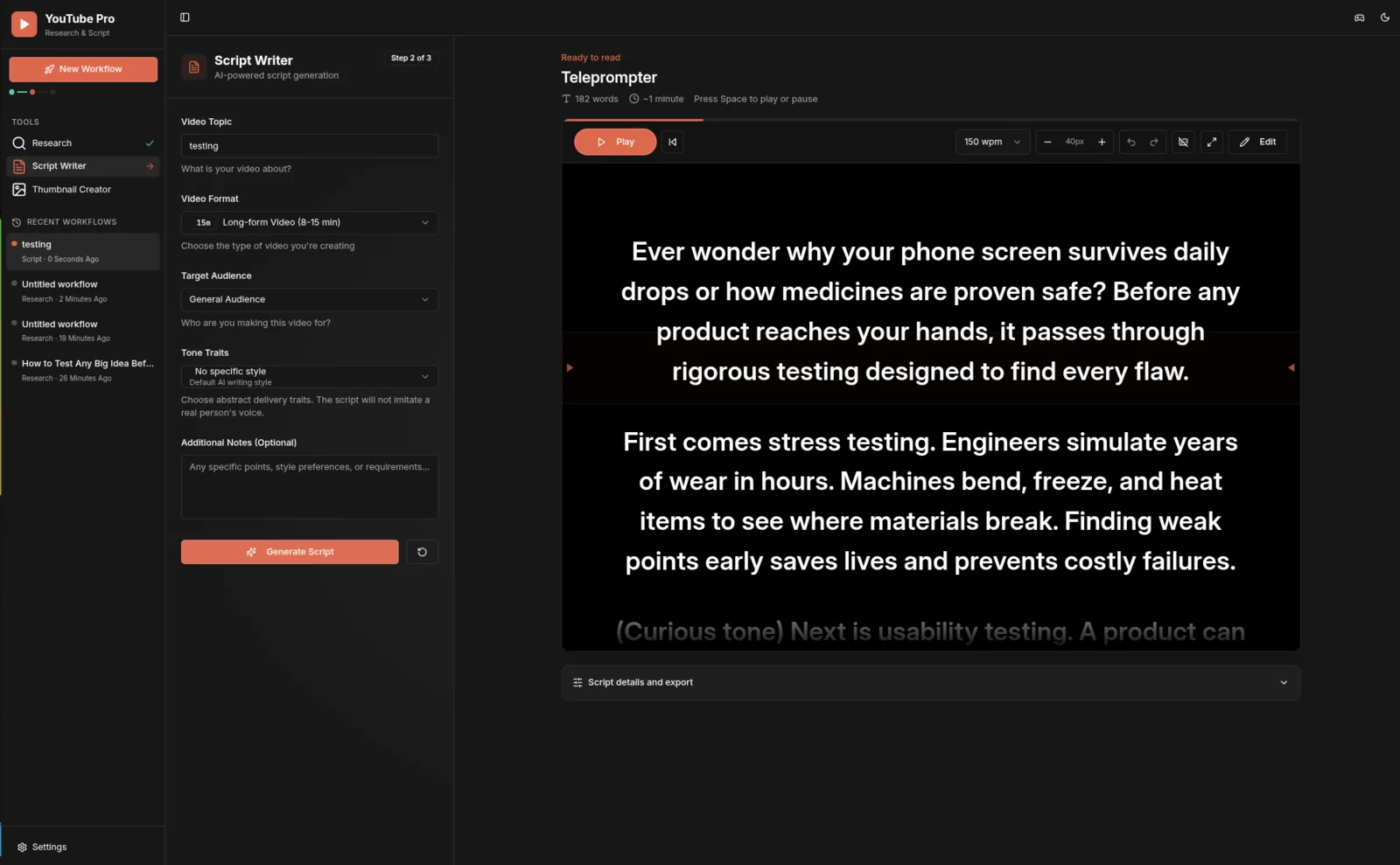 YouTube Pro teleprompter with a focused script, reading guide, pace controls, font size, cue, undo, and playback