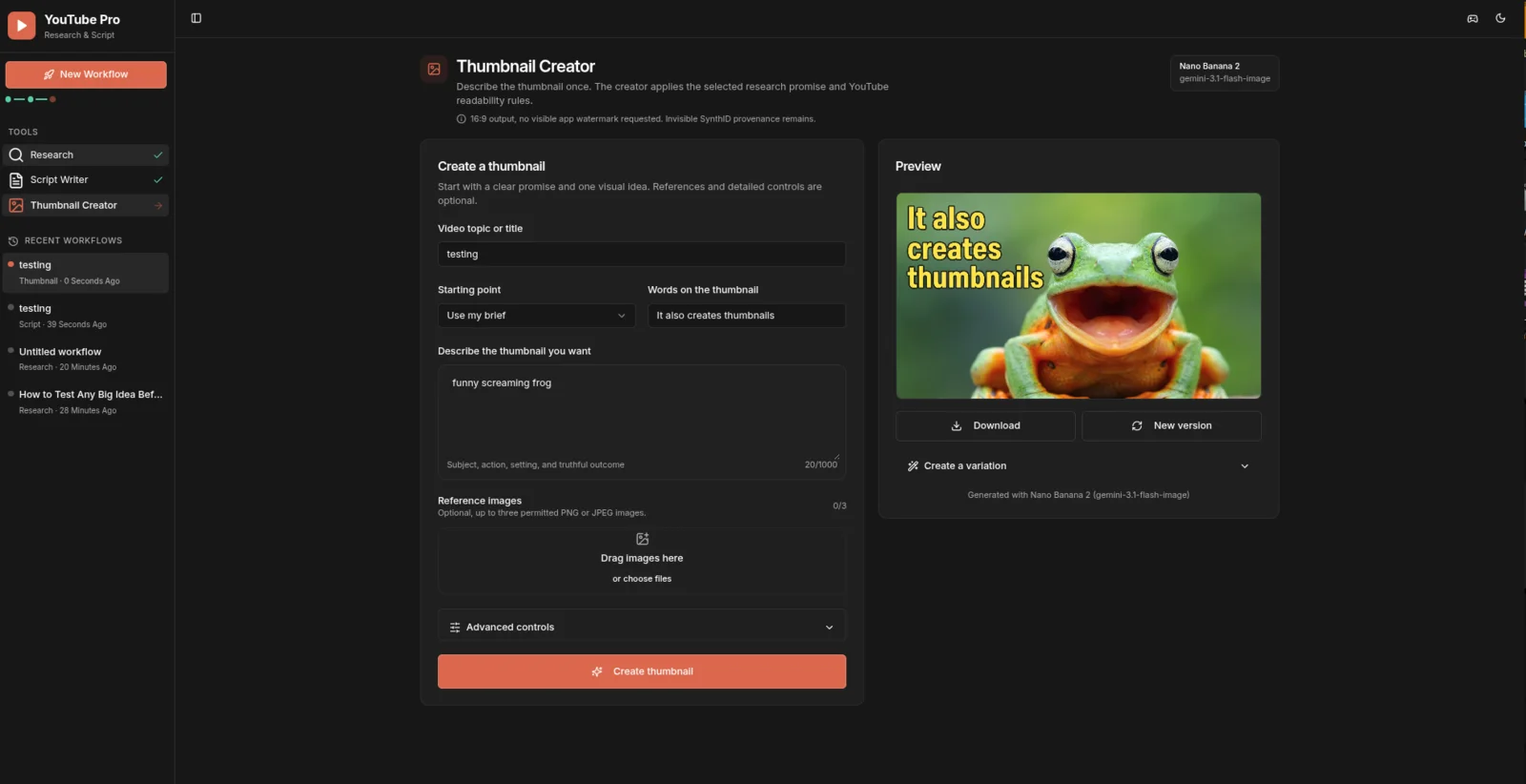 YouTube Pro Thumbnail Creator with an outcome field, optional controls, a generated 16:9 preview, and variation actions