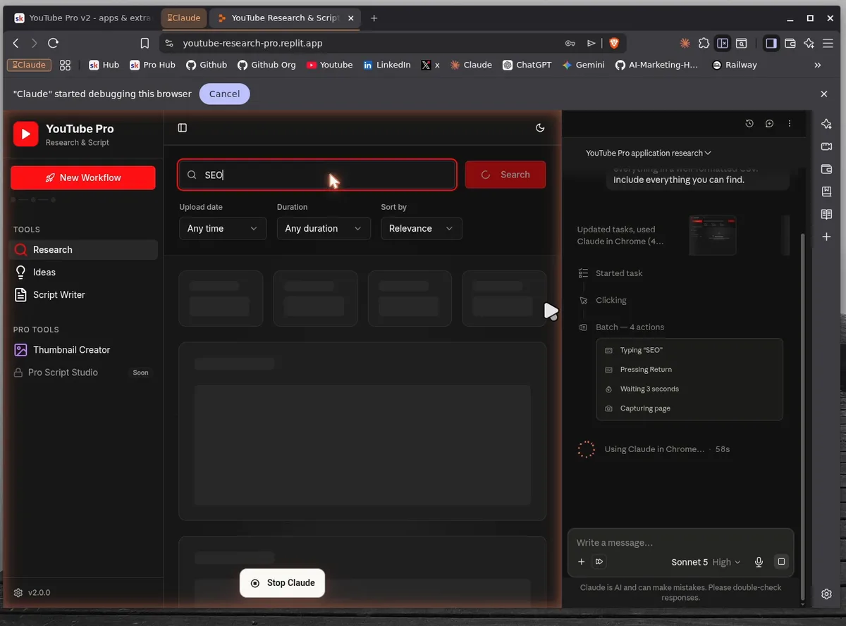 Claude in Chrome sidebar driving the YouTube Research Pro app, typing the keyword SEO with a batch of four automated actions visible
